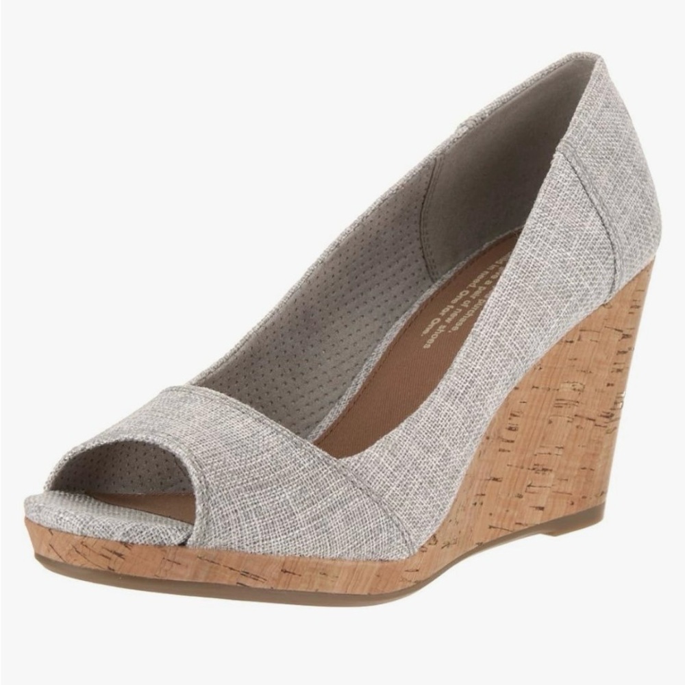 TOMS Stella Grey Woven Peep-Toe Wedge - Picture 2 of 12